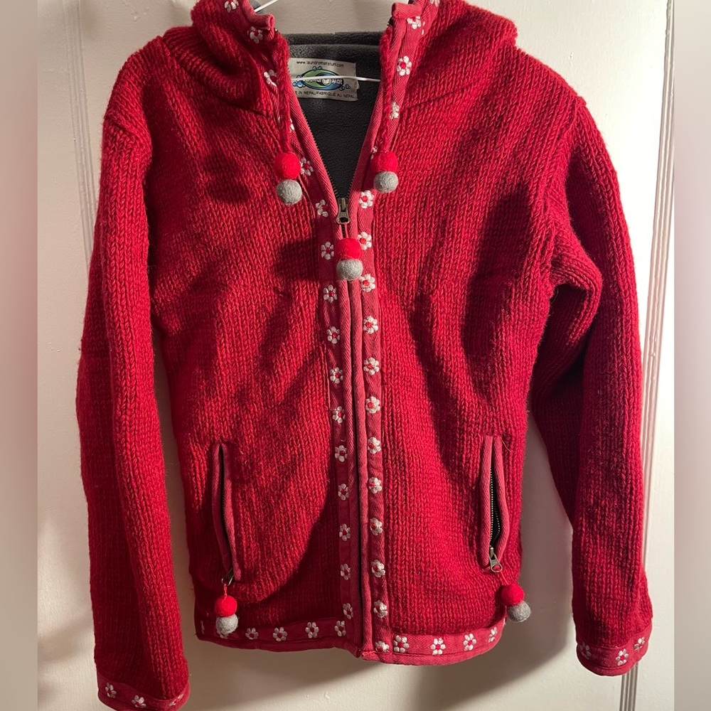 Vintage handmade wool jacket / sweater with flower embroideries